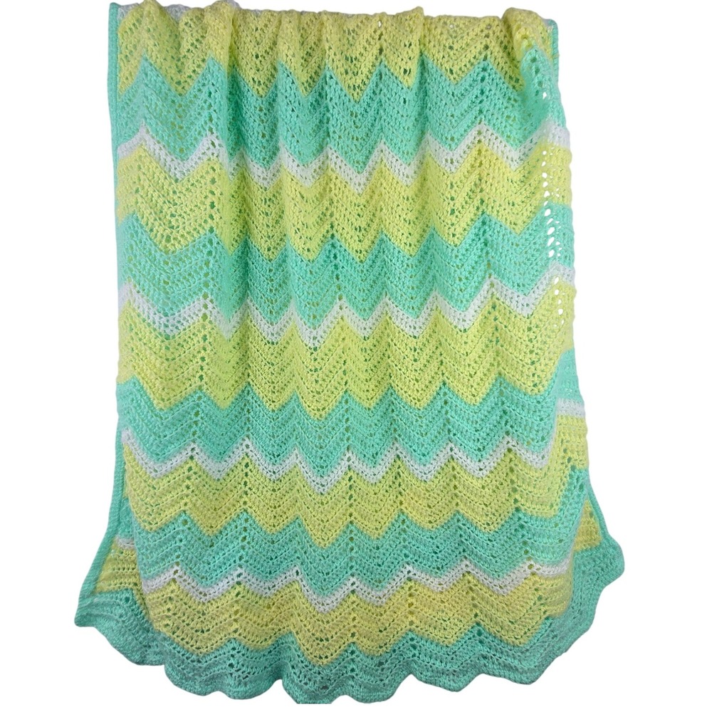 Handmade Crochet Baby Blanket Mint Green Yellow Chevron Afghan 58x52